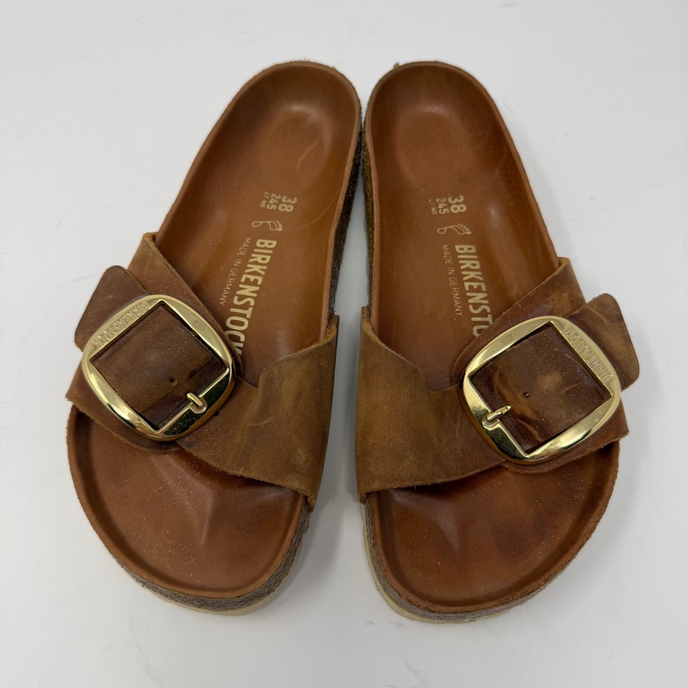 Birkenstock Madrid Big Buckle Slide Sandal Cognac Leather Women Size 38